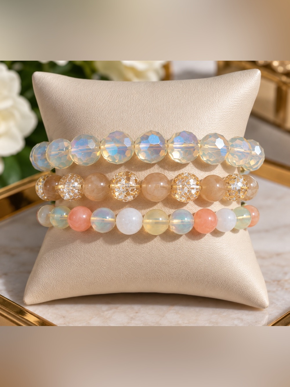 Iridescent & Peach Beaded Bracelet Trio - White, Peach & Gold Tones